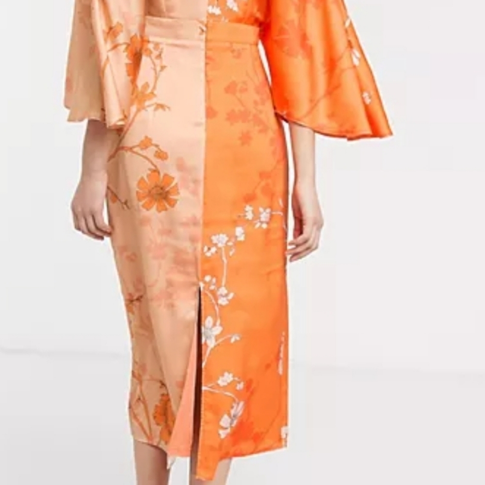 Liquorish contrast midi dress w/ split in orange floral. Size UK 10 US 6